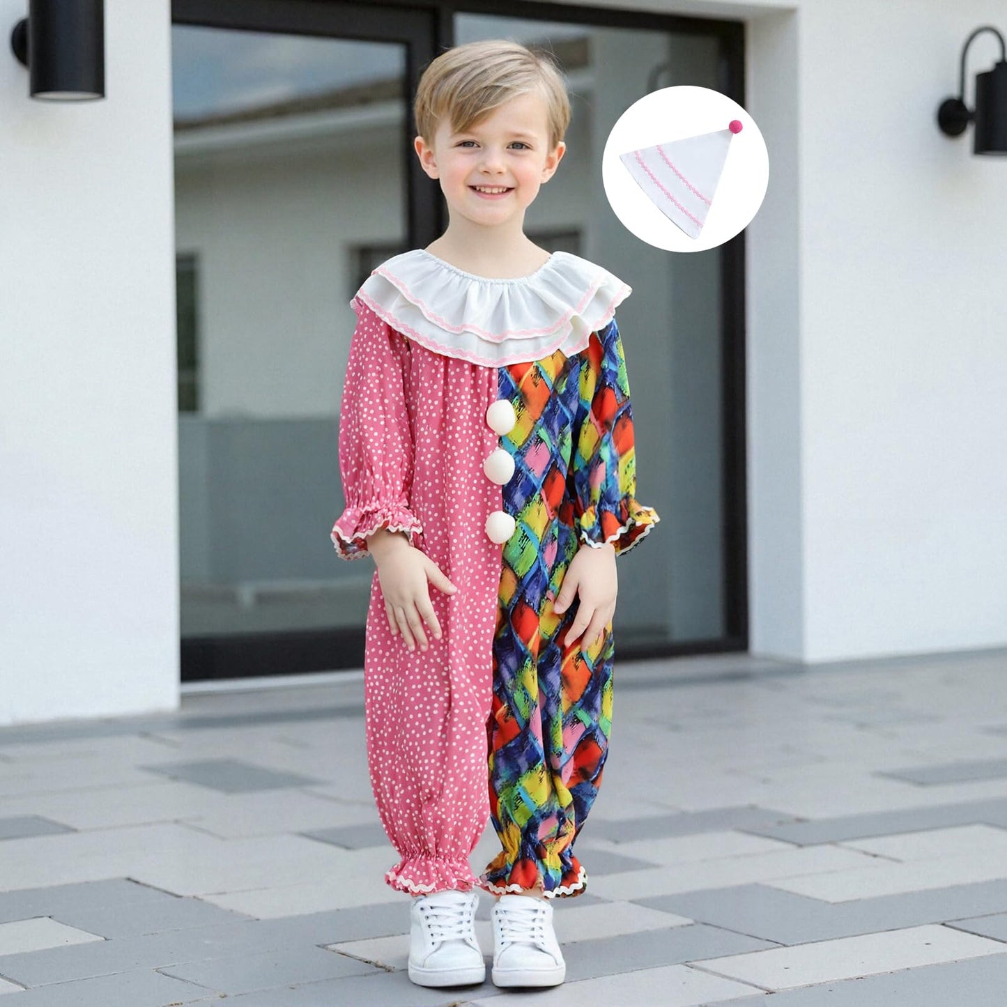 Aiwpstoin Toddler Baby Clown Costume Boy Girl Funny Halloween Outfit Contrast Color Long Sleeve Jumpsuit with Hat (Pink, 18-24 M