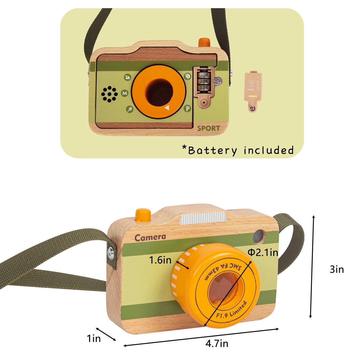 Wooden Mini Pretend Camera Toy With Real Sounds And Light For Toddlers 1 2 3 Years Old, Neck Hanging Photographed Props For Boys