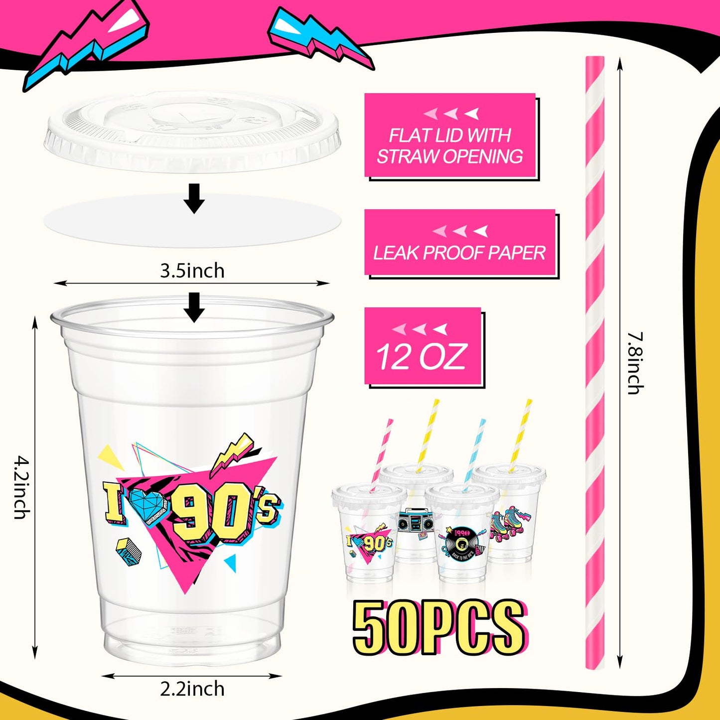 Foldtier 50 Pcs 90S Party Cups Disposable Plastic Cup 12 Oz G Back To 90S Cups Thick 90S Theme Clear Cup Lids Straws Retro Music