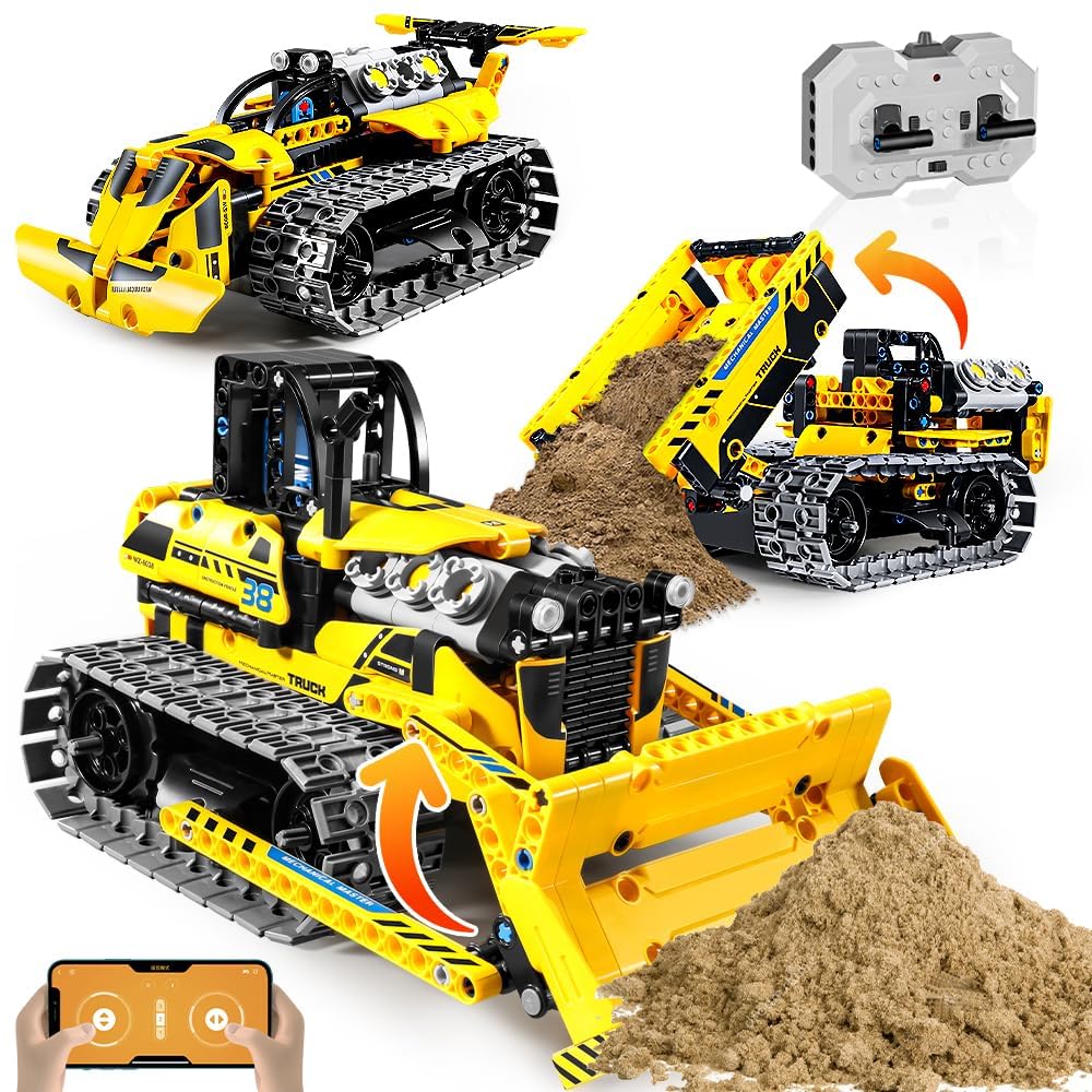 OKKIDY 3 in 1 Kids Remote Bulldozer STEM Technology Building Blocks Set Toys APP Remote Construction Blocks Engineering Excavato