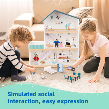Oook Wooden Dollhouse For Kids, Doll House With Simulated Luxury Furniture Set, Dollhouse Playset For Girls Toddlers (Including