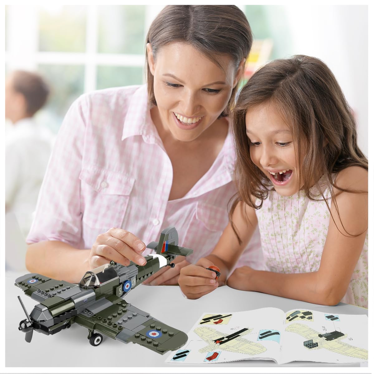 Toy Player Spitfire Fighter Military Ww2 Plane Building Set - With Sliding Features, Compatible With Lego Plane, Rotating Propellers, And An Open Cockpit Door
