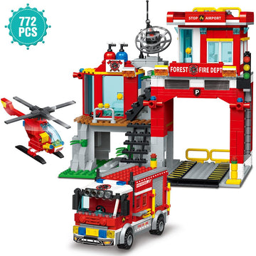 MindBox City Fire Rescue Building Set - 737pcs Fire Station, Truck & Helicopter Toy for Boys 6+, Red Color