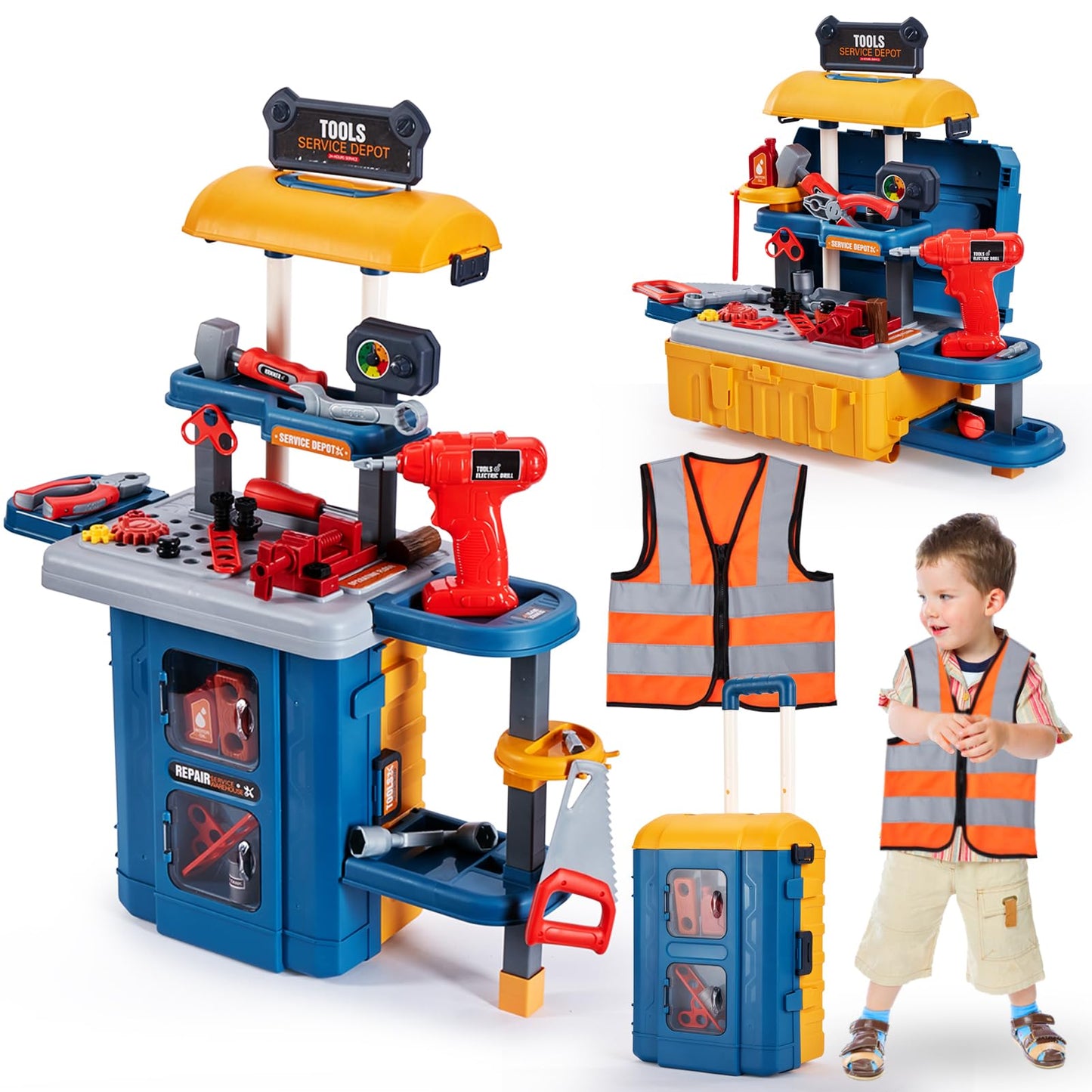 3 in 1 Kids Tool Bench -GEIYATOI, Toddler Workbench with Electric Drill and Realistic Toddler Tool Set for 2 3 4 5 6 Years Old B