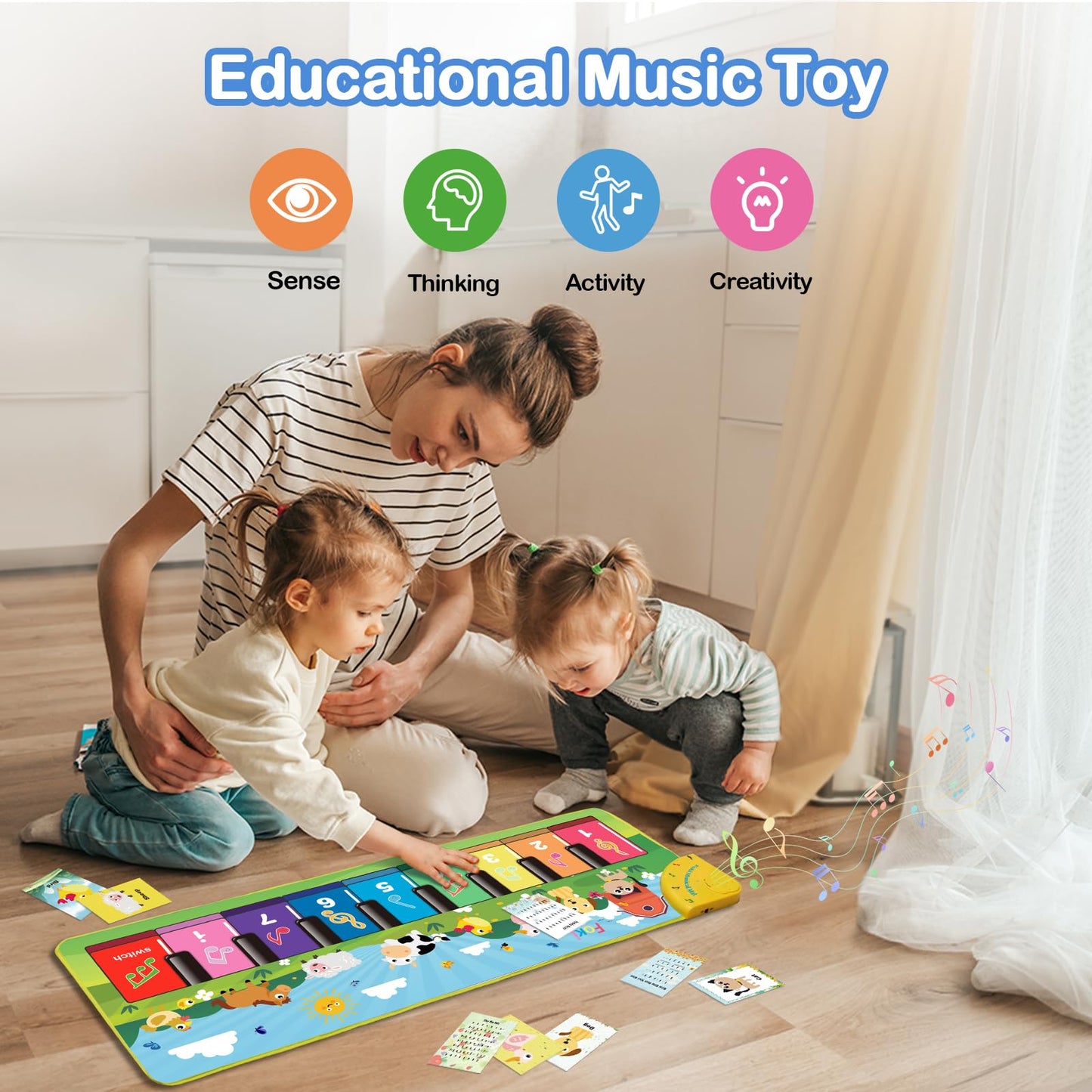 Foki Floor Piano Mat For Toddlers, Baby Kid Sensory Educational Dancing Keyboard Carpet Animal Sounds Blanket Touch Playmat Musi