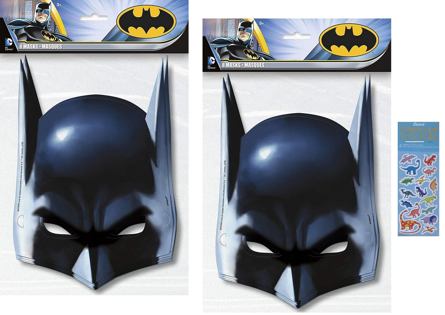 Unique Batman Super Hero Birthday Party Supplies Favor Bundle includes 16 Party Paper Masks with 1 Dinosaur Sticker Sheet