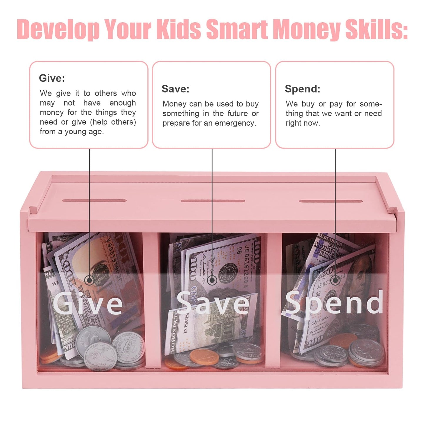 Mczxon Spend Save Give Piggy Bank for Kids, Money Coin Savings Piggy Bank Jar Box for Kids Child Safe Money Saver, Teach Childre