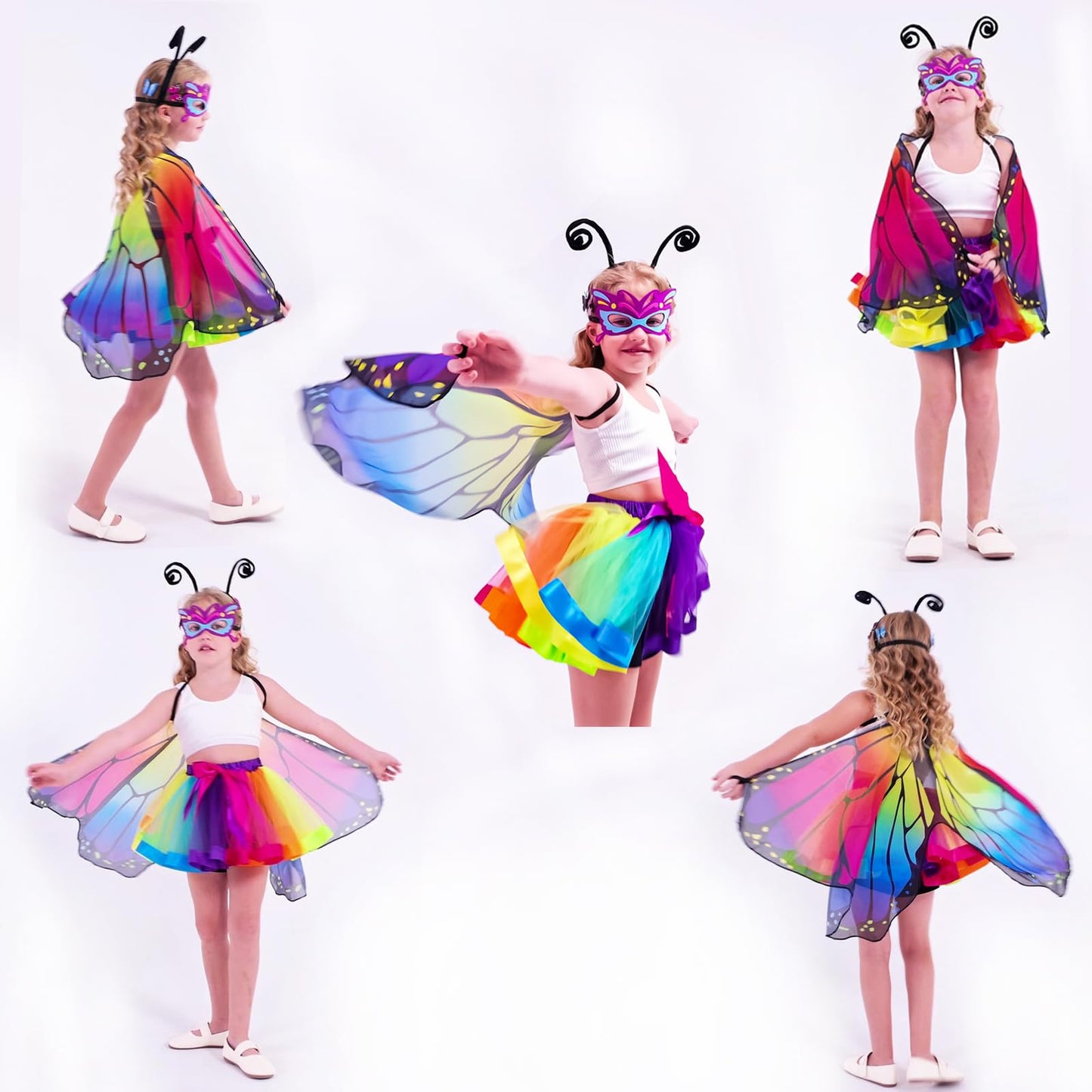 Kids Butterfly Wings Costume For Girls Toddler Dress Up Clothes Tutu Antenna Mask Butterfly Clips Halloween Party Role Play Toys