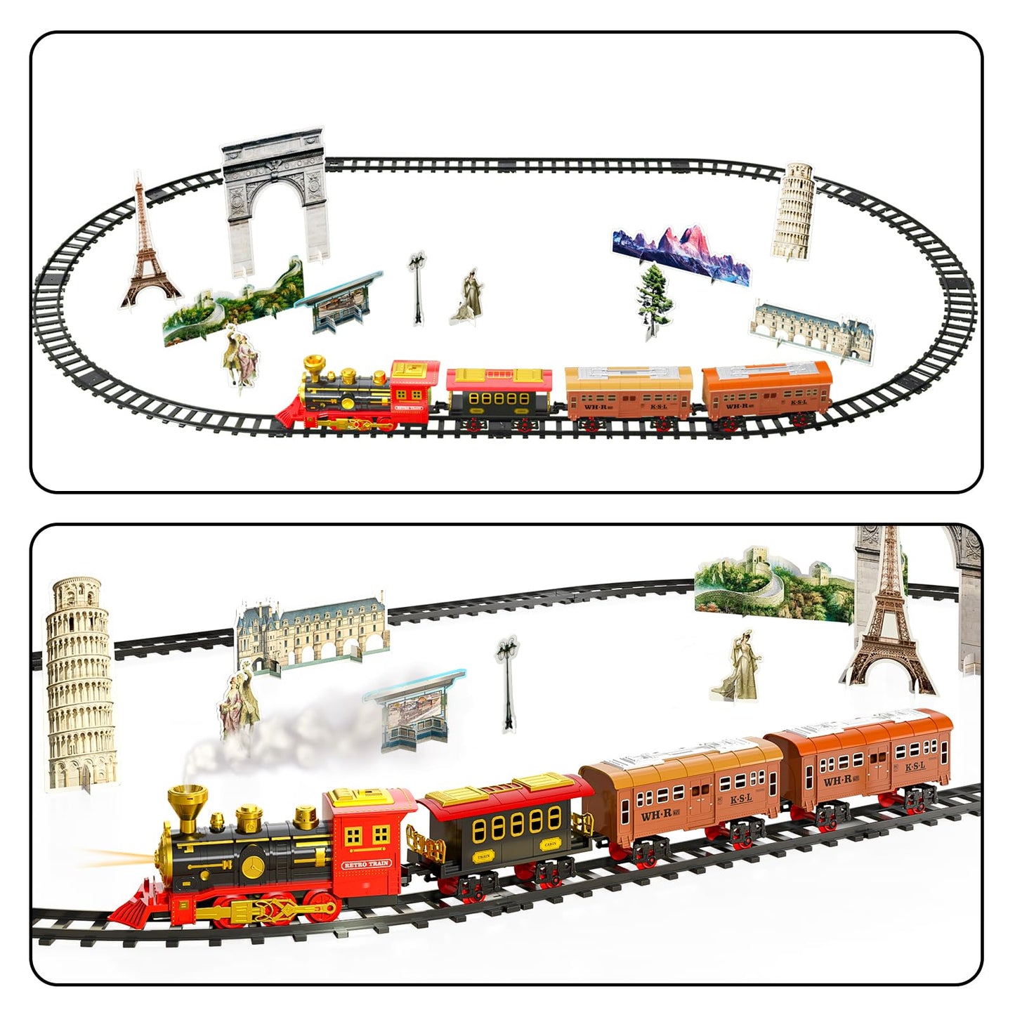 TEMI Train Set for Kids - Rechargeable Red Steam Engine with Cargo Car, Light & Sounds, Medium Size, Gift for Ages 4-7