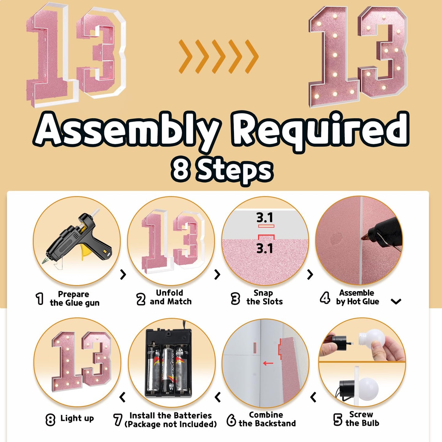 Imprsv 3Ft Rose-Gold 13Th-Birthday Decorations Numbers: 13Th Birthday Party Anniversary Decorations Large Light Up Numbers 13 Fo