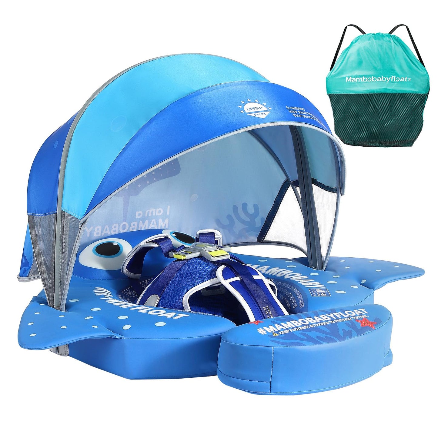 Mambobaby Float with Canopy & Portable Backpack Skin-friendly Baby Swim Float with Tail Waterproof Non-Inflatable Mambo Float Sm