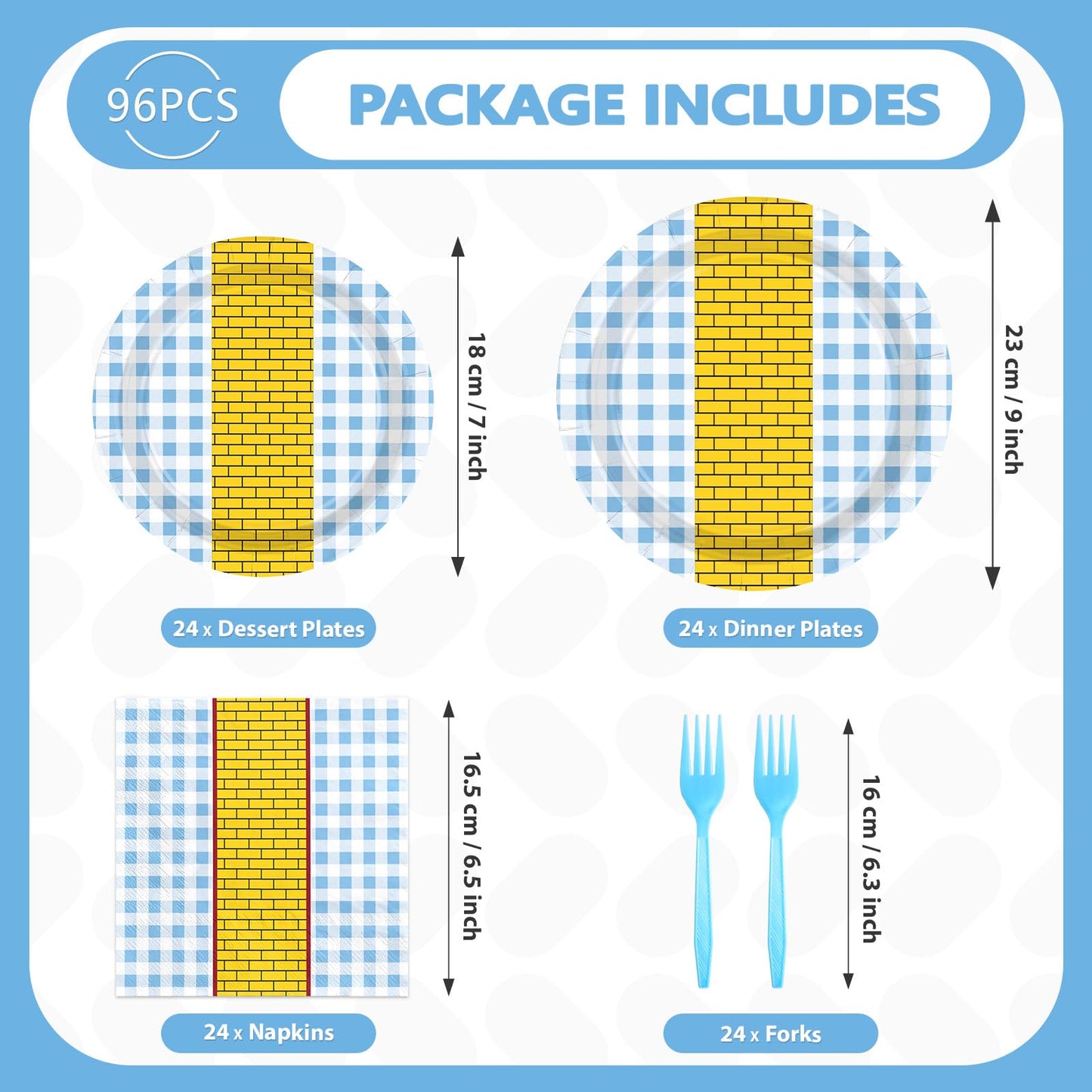 Grencian 96 Pcs Yellow Brick Party Supplies Light Blue Gingham Paper Plates Wizard Party Decorations Tableware for Witch Princes