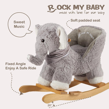 ROCK MY BABY Rocking Horse Elephant, Plush Ride-on Toy, Large Gray, Model JR291, CPC Certified