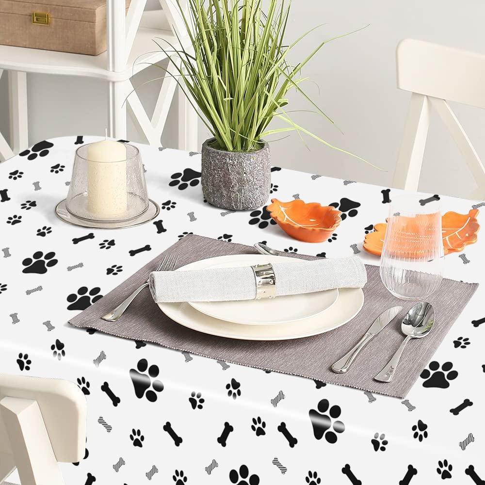 Qeymn Puppy Paw Print Plastic Tablecloth Table Cover, 2 Pack Pupply Paw Print Disposable Rectangle Table Cover For Kids Birthday