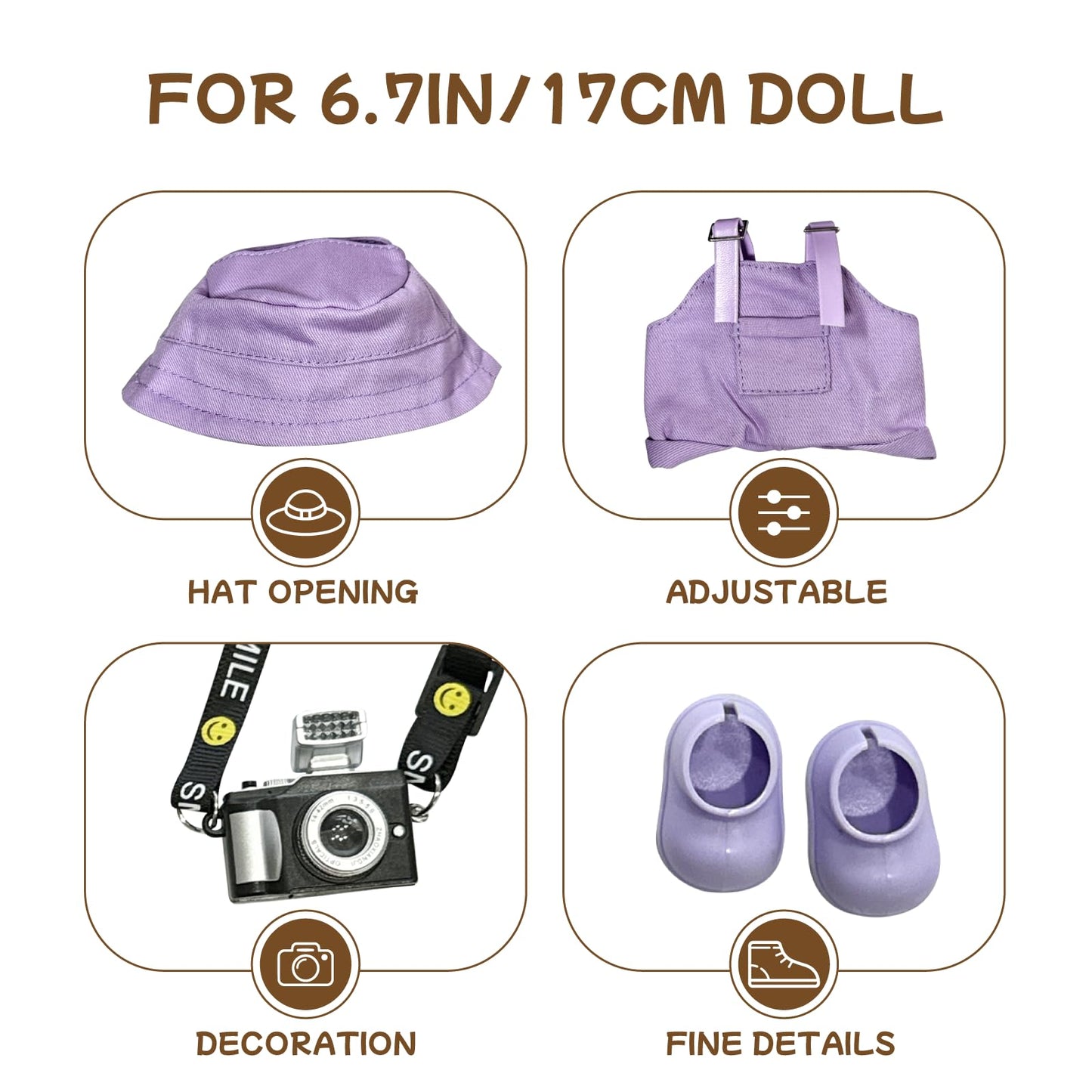 17cm Light Purple Outfit Set (Doll Not Included) - Bucket Hat Overalls Shorts Mini Camera & Shoes Cute Style for 17cm Doll Dress-up(Purple SC)