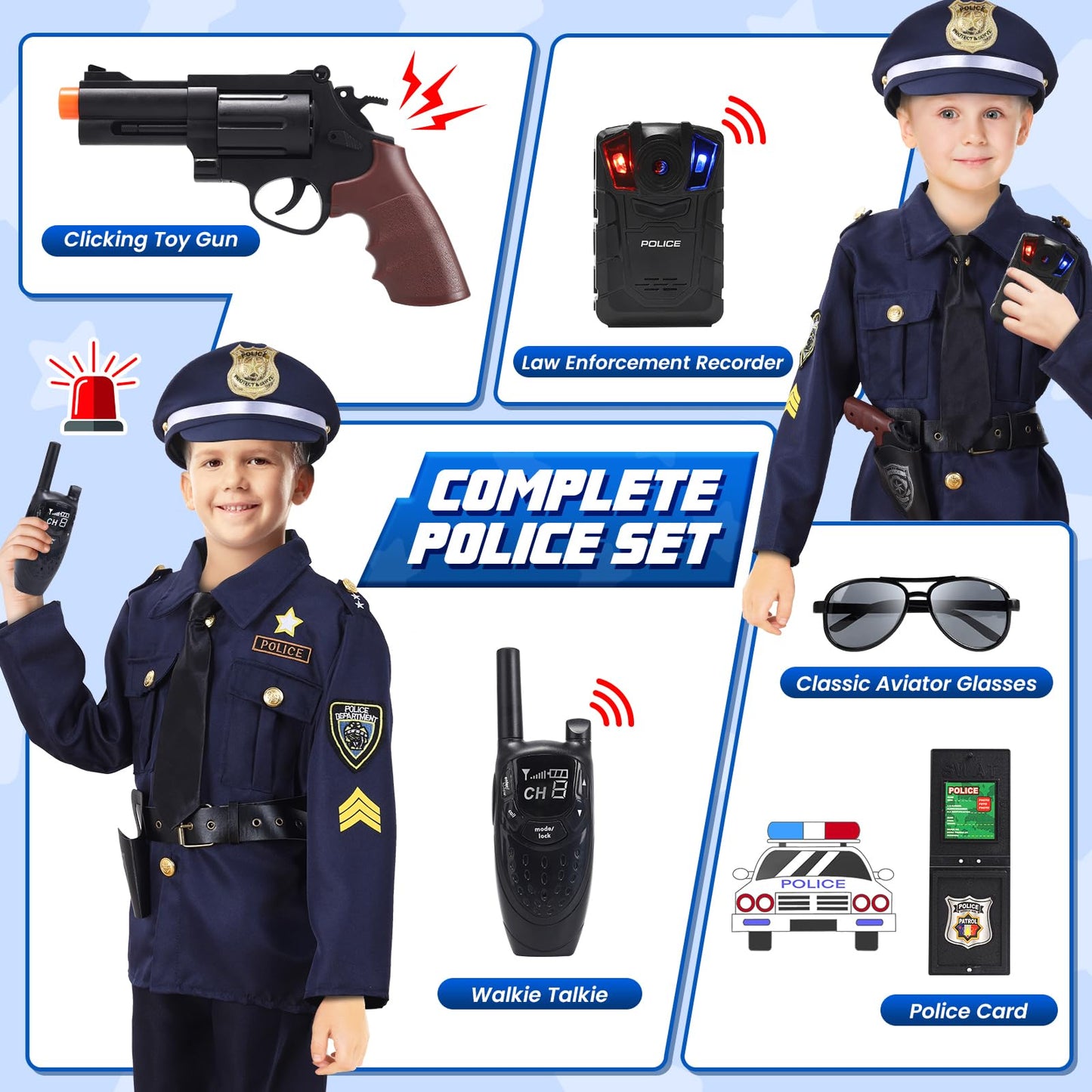 Skirfy 16Pcs Police Costume For Kids, 16Pcs Police Officer Costume For Kids With Police Uniform, Recorder, Cop Costume Role Play