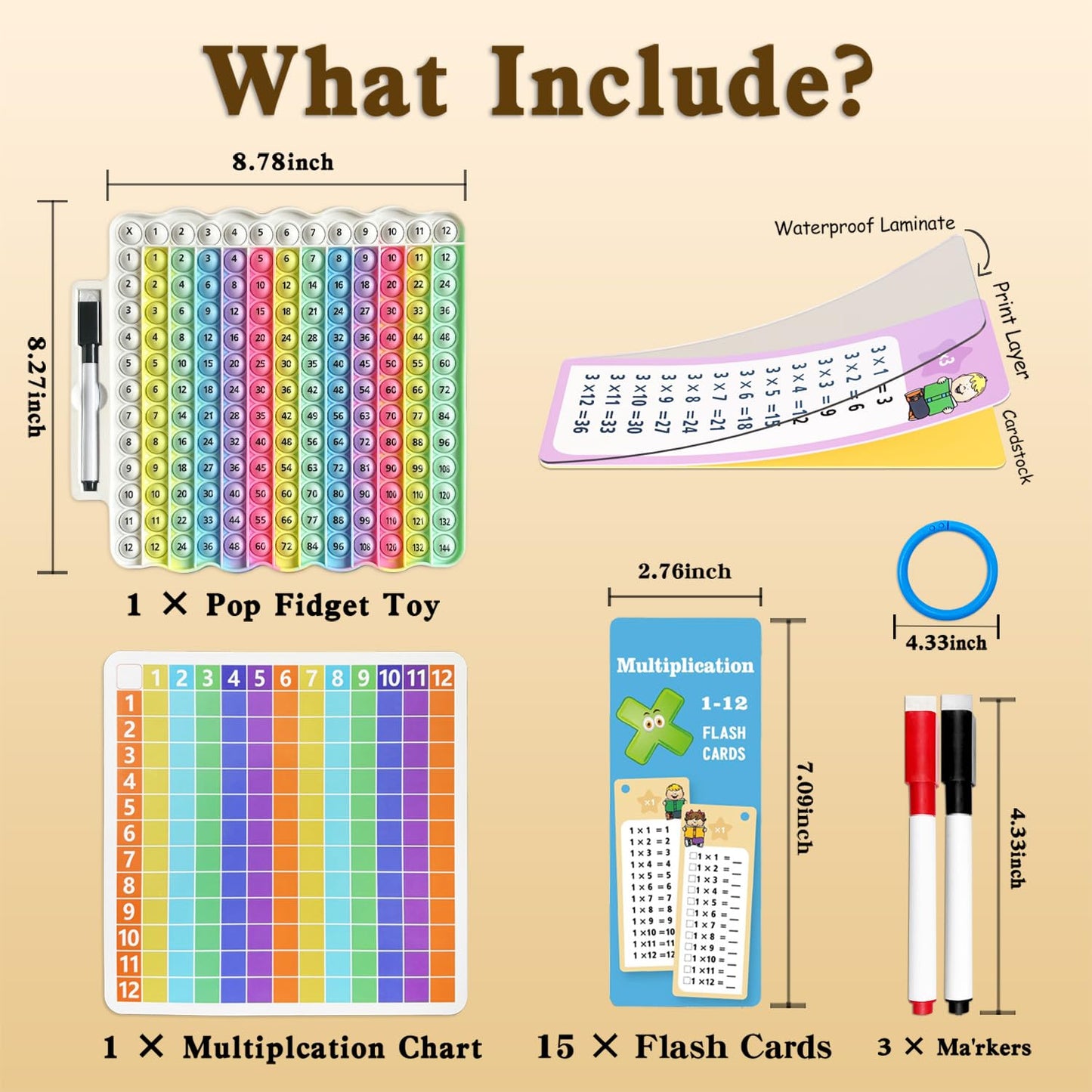 Anemeeoke Multiplication Flash Cards + Pop Fidget Multiplication Chart, Times Table Educational Flashcard 3Rd Grade, 4Th, 5Th, 6