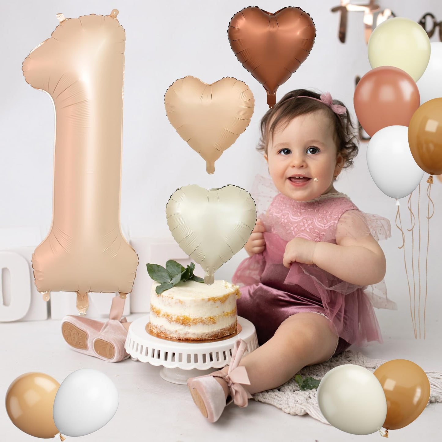 Biapian 40 Inch Light Brown Number 1 Balloon, Caramel Large Number One Balloon Digital With Cream Foil Heart Balloon For 1St Bir