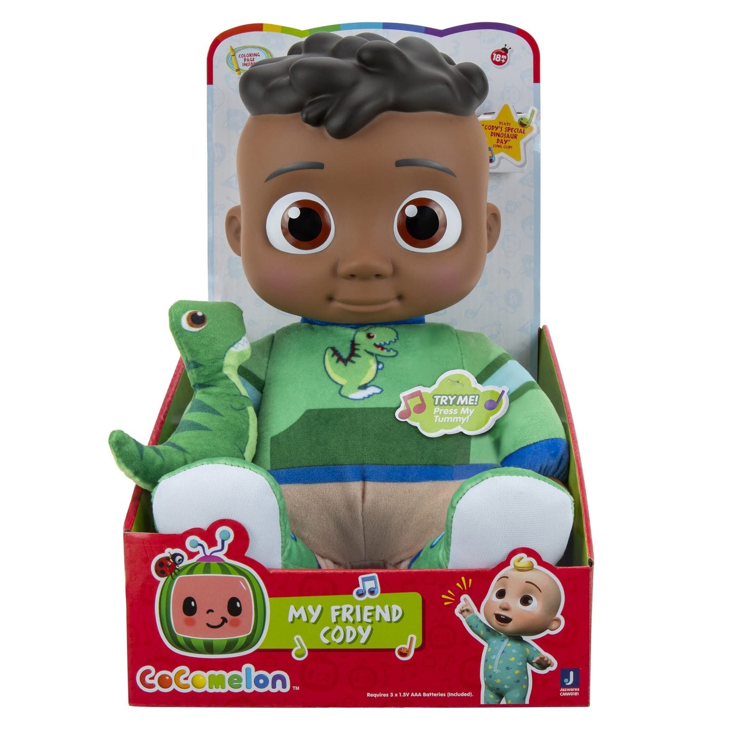 Cocomelon My Friend Cody With Dinosaur Plush - Plays ‘Cody’S Special Dinosaur Day’ Song Clips - Press Tummy For Music And Phrases - Toys For Preschoolers