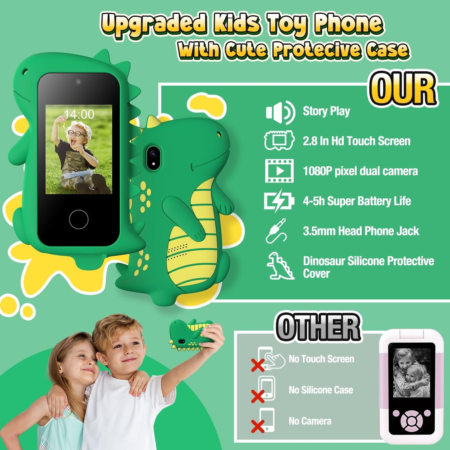 Kids Smart Phone, Birthday Gifts Toys for Boys Ages 3-12 Years Old, Touchscreen HD Dual Camera Cell Phone Dinosaur Toddler Play