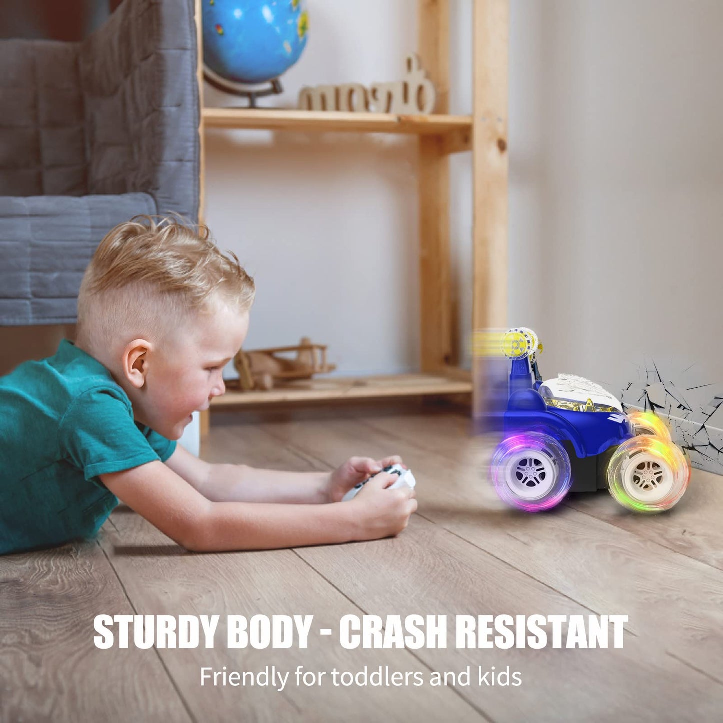 Kizeefun Remote Control Car, RC Stunt Car Invincible 360Rolling Twister with Colorful Lights & Music Switch, Rechargeable Remote