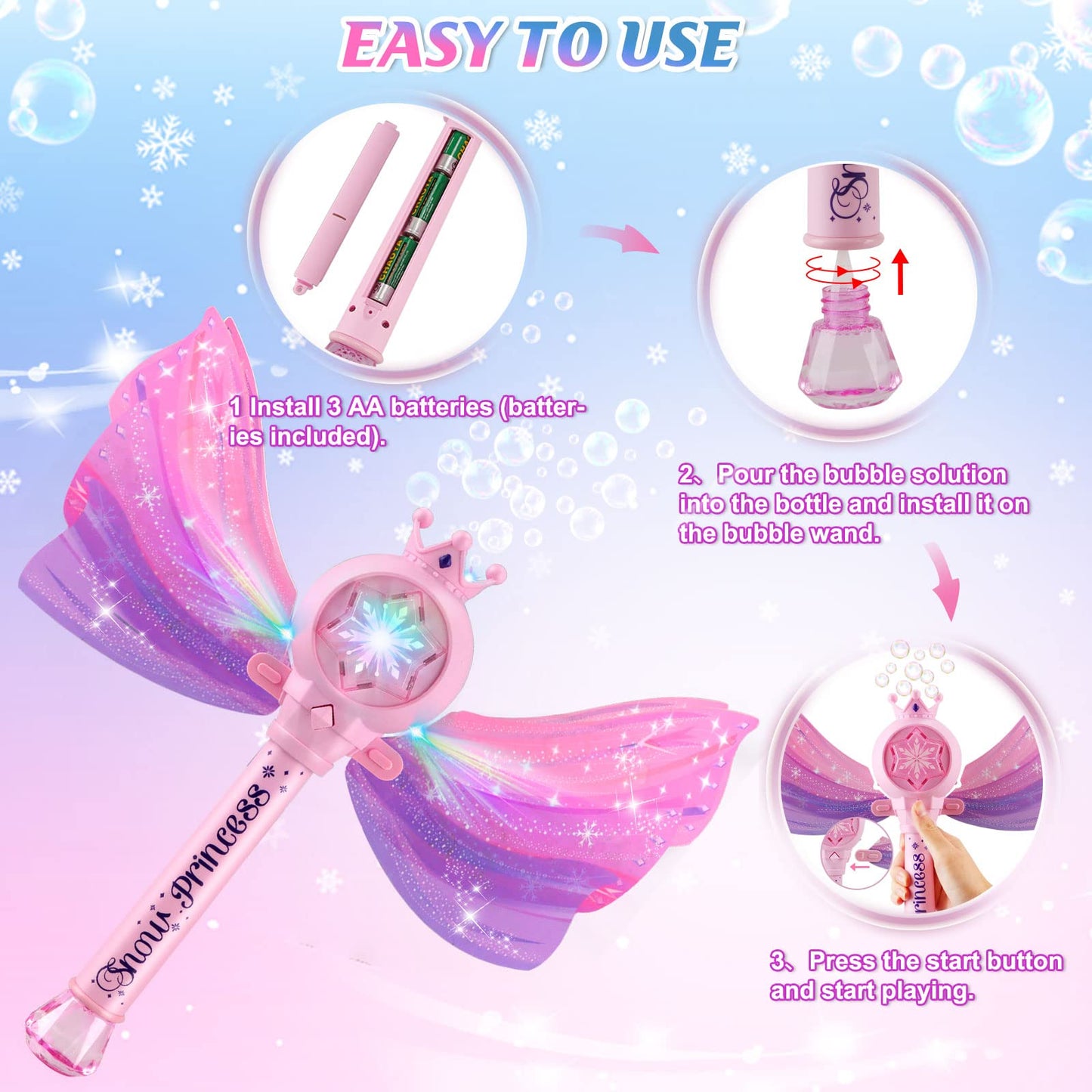 Britik Bubble Wands For Kids Girls - Led Light & Music Bubble Machine: 3 Aa Batteries & 2 Bubble Solutions, Outdoor Party Birthd
