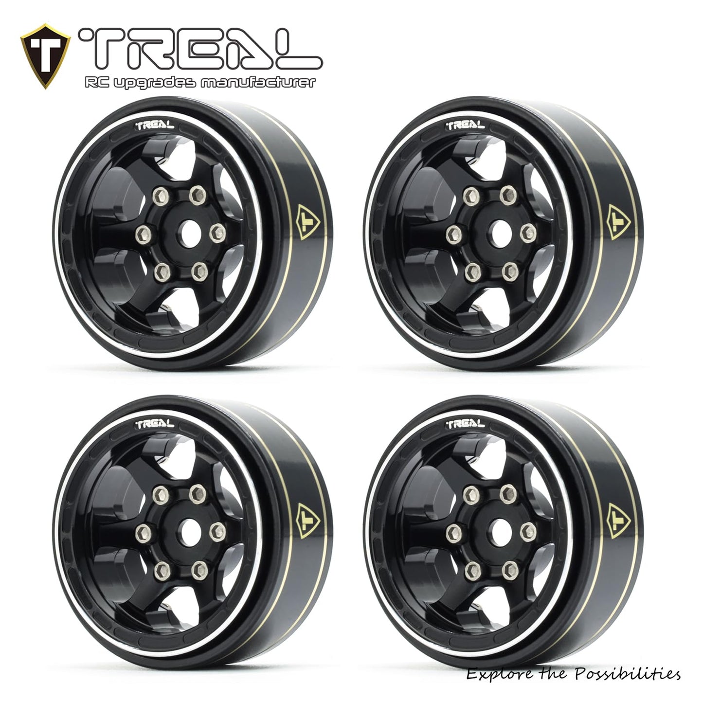 TREAL SCX24 Wheels 1.0'' Beadlock Wheels (4P) Scale-Look Concave Six Spoke Rim Crawler Wheels for Axial SCX24 -Type D (Black)