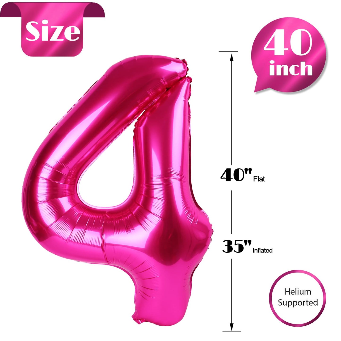 Hot Pink Number 4 Balloon 40 Inch, 4 Balloon Number, 4Th Birthday Decorations, Hot Pink Party Supplies For Boys Girls