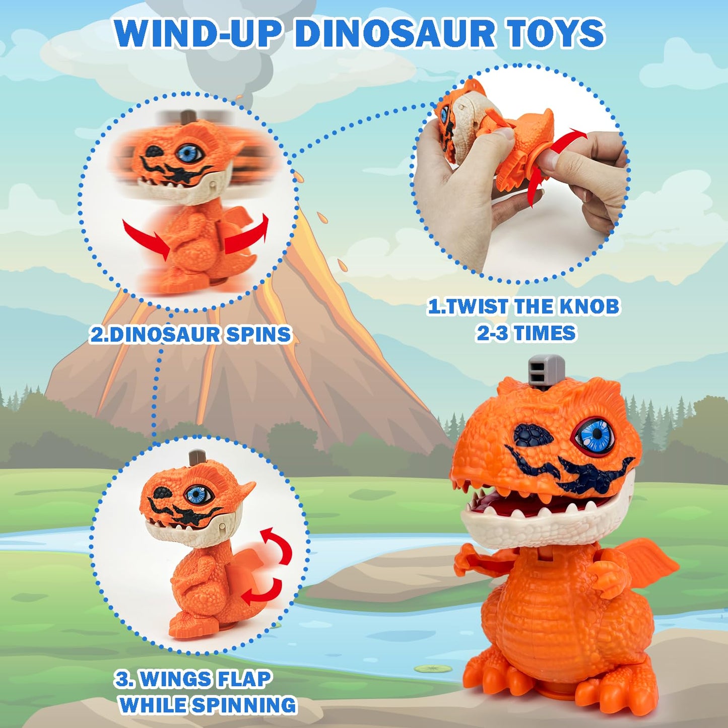 Birthday Toys Gifts for 3 5 6 7 8 Years Old Toddler Boys Girls, 4 Pack Wind up Spin & Flap Dinosaur Toys - 360 Rotating Dino Fig