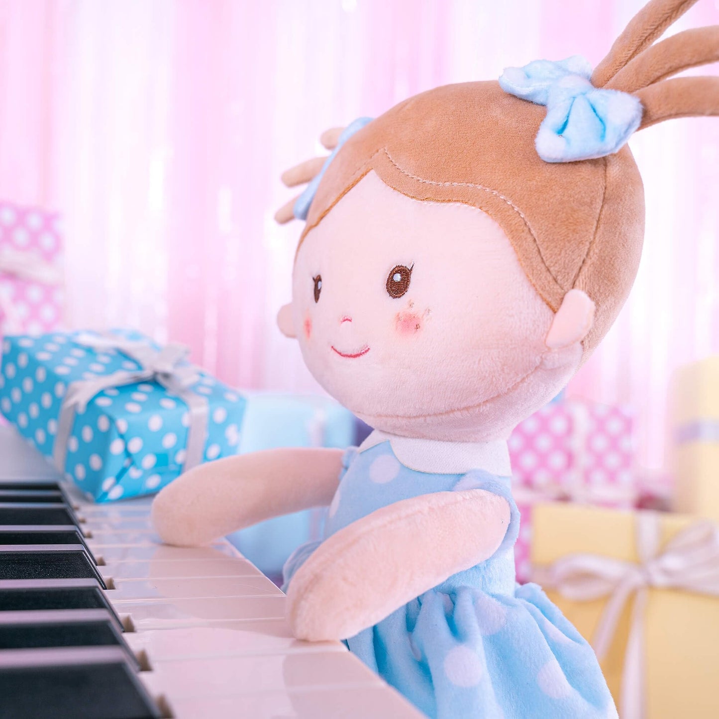 Onetoo Soft Baby Doll First Baby Doll Sleeping Cuddle Buddy Doll Plush Rag Doll Wear Blue Polka Dot Dress14