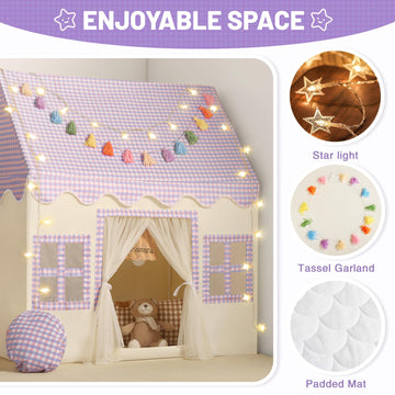Senodeer Kids Play Tent Indoor: With Mat, Tassel Garland, Star Lights - Purple Checkered Girls Tent Playhouse For Toddlers Kids Toys For Boy Girl Birthday Gift For Kids