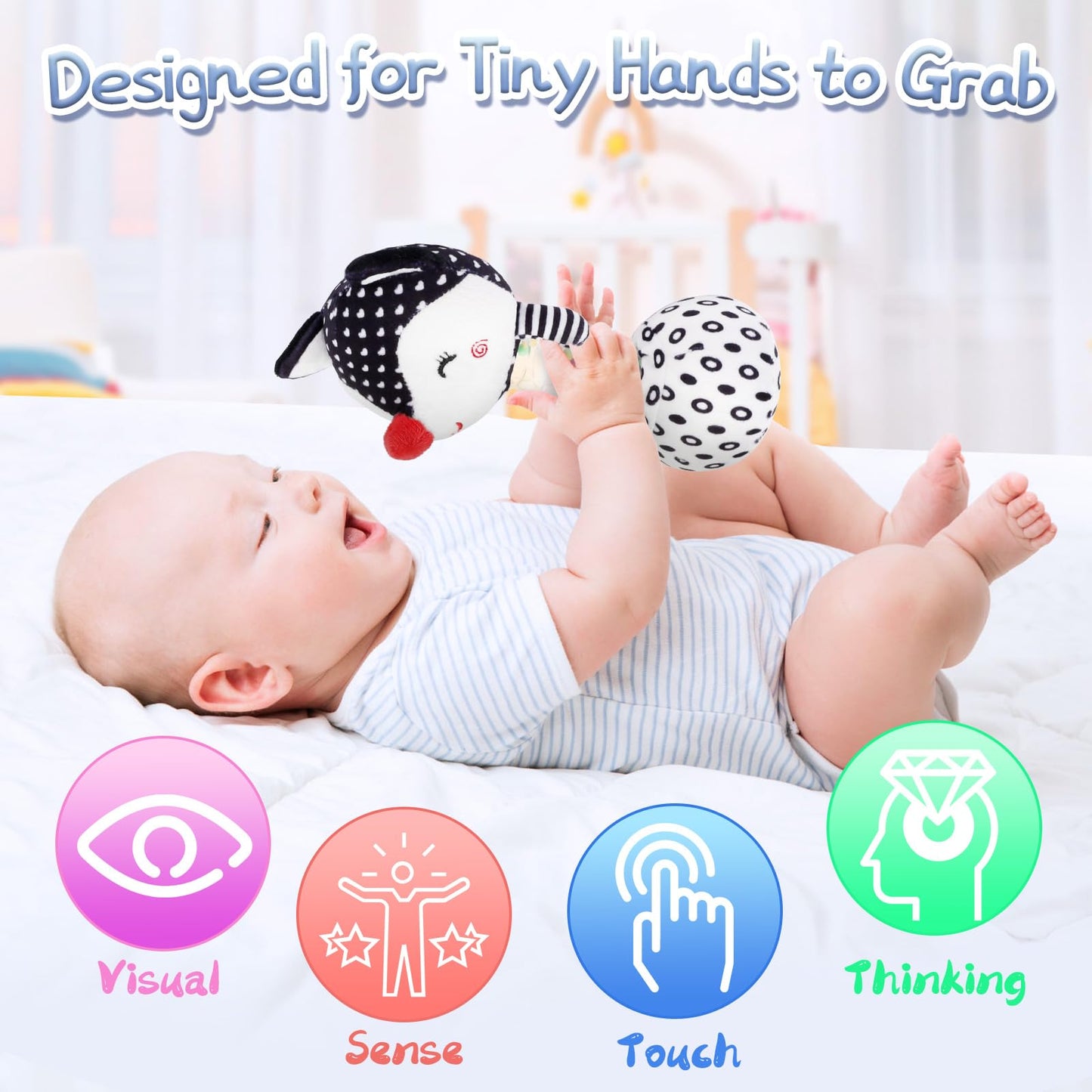 Fpvera Baby Soft Rattles Shaker: Infant Developmental Hand Grip Baby Toys, High Contrast Black And White Newborn Sensory Toys Rattle Toy 0 3 6 9 12 Months For Babies Boys Girls Shower Gift, 2Pcs