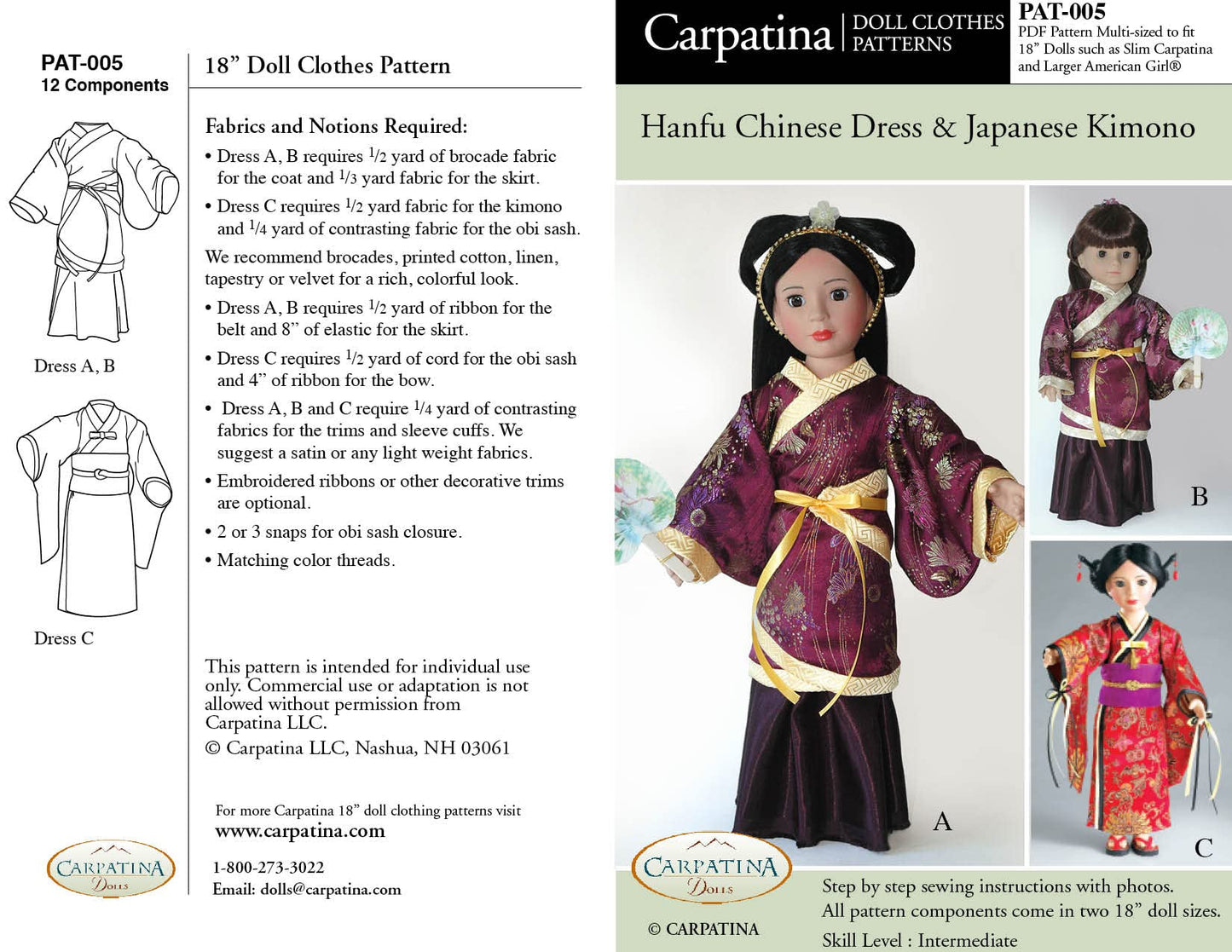 Hanfu Chinese Dress And Kimono Pattern Multi-Sized For 18'' American Girl Dolls And For 18'' Slim Carpatina Dolls