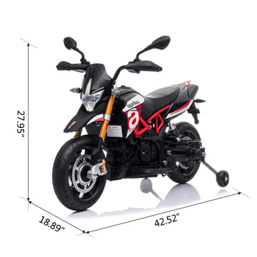 TOBBI 12V Kids Ride-On Motorcycle, Aprilia Model, Red, 42.52L x 18.89W x 27.95H, with Training Wheels, Spring Suspension