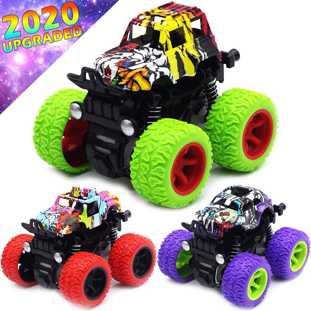 CozyBomB Friction Powered Monster Trucks Toys for Boys - Push and Go Car Vehicles Truck Playset, Inertia Vehicle, Kids Birthday