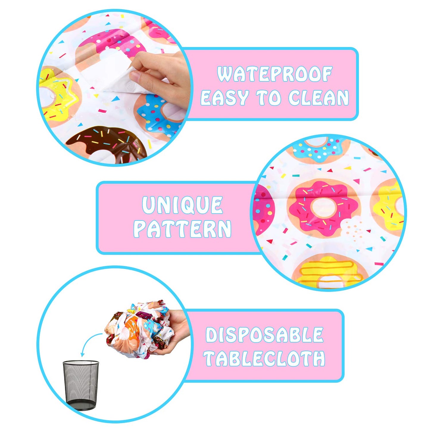 Beyumi 4Pack Donut Party Tablecloth, Rectangular Table Cover For Dining Room Kitchen Decor, Disposable Plastic Picnic Tablecover For Kids Birthday, Donut Theme Party Decoration Supplies, 42.5’’ X 71’’