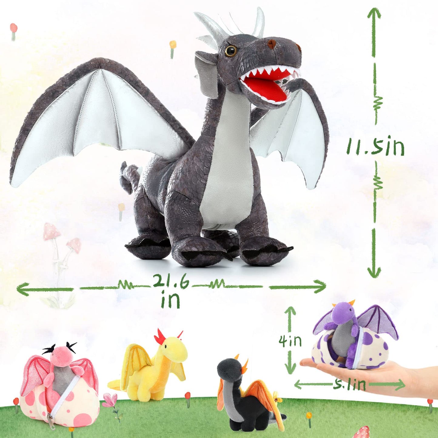 Muiteiur Large Grey Dragon Stuffed Animal Set, 21.6 Inch Mommy Dragon with 4 Babies & 2 Eggs, Soft Polyester Plush Toy for Kids