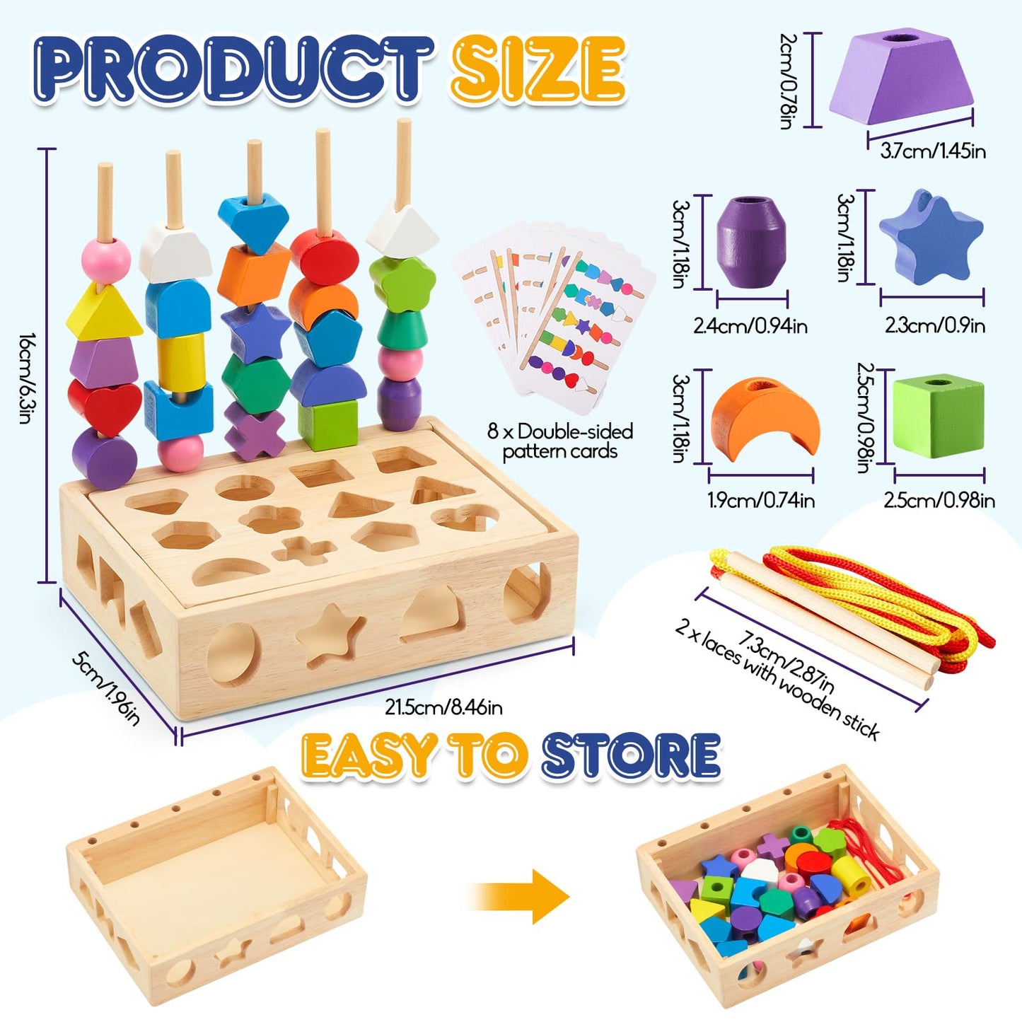 Zgimi 3 In 1 Montessori Wooden Toys, Lacing Beads & Stacking Blocks & Shape Sorter Sequencing Toy Set, Stem Preschool Educationa