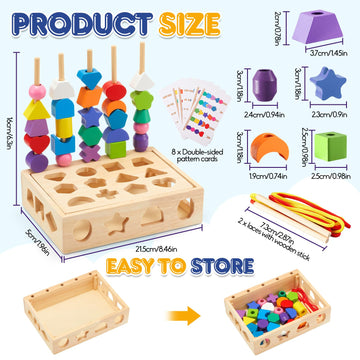 Zgimi 3 In 1 Montessori Wooden Toys, Lacing Beads & Stacking Blocks & Shape Sorter Sequencing Toy Set, Stem Preschool Educationa