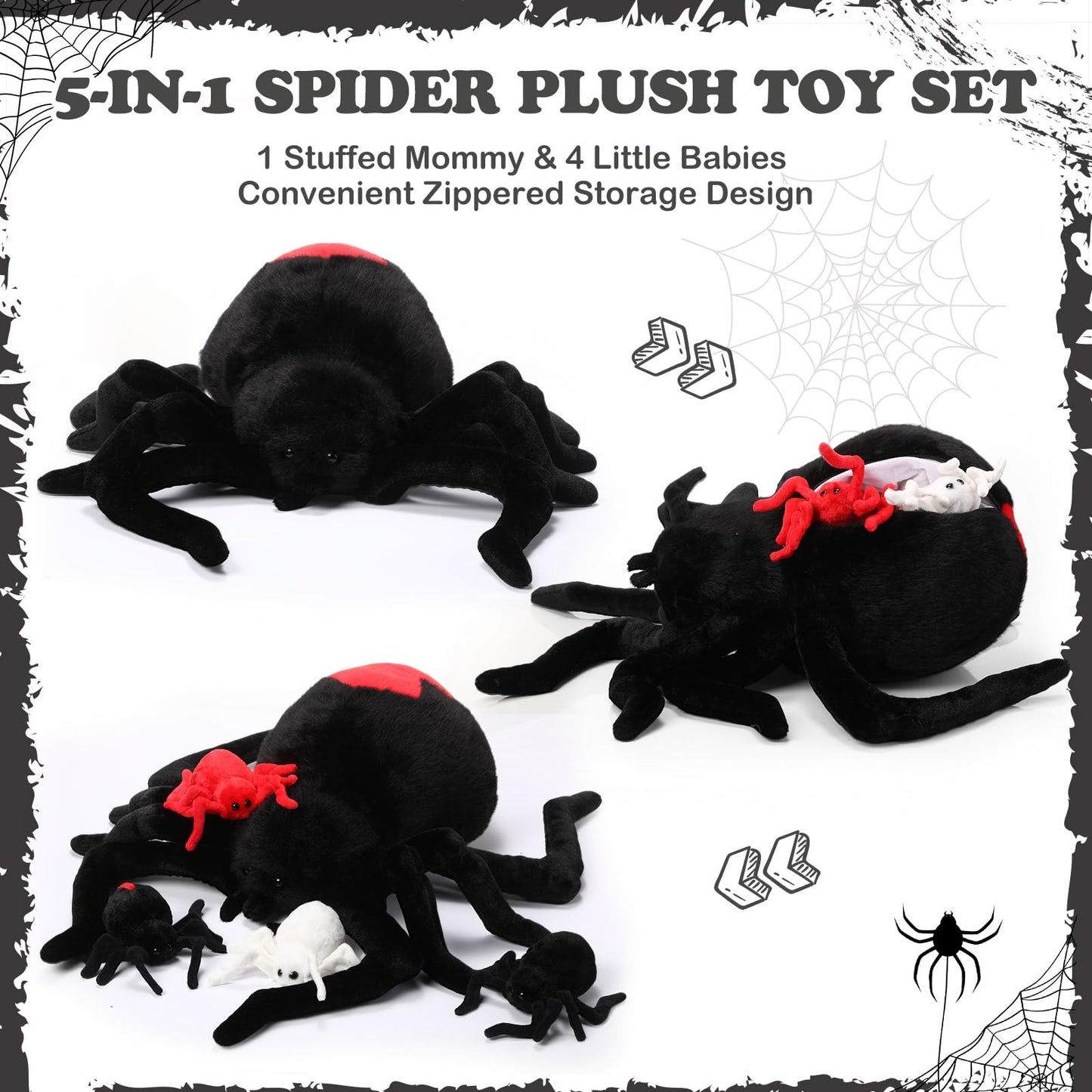 Hydren 5 Pcs Spider Plush Set 14 Inch Redback Spider Stuffed Animal With 4 Babies In Zippered Belly Plushie Gifts For Christmas
