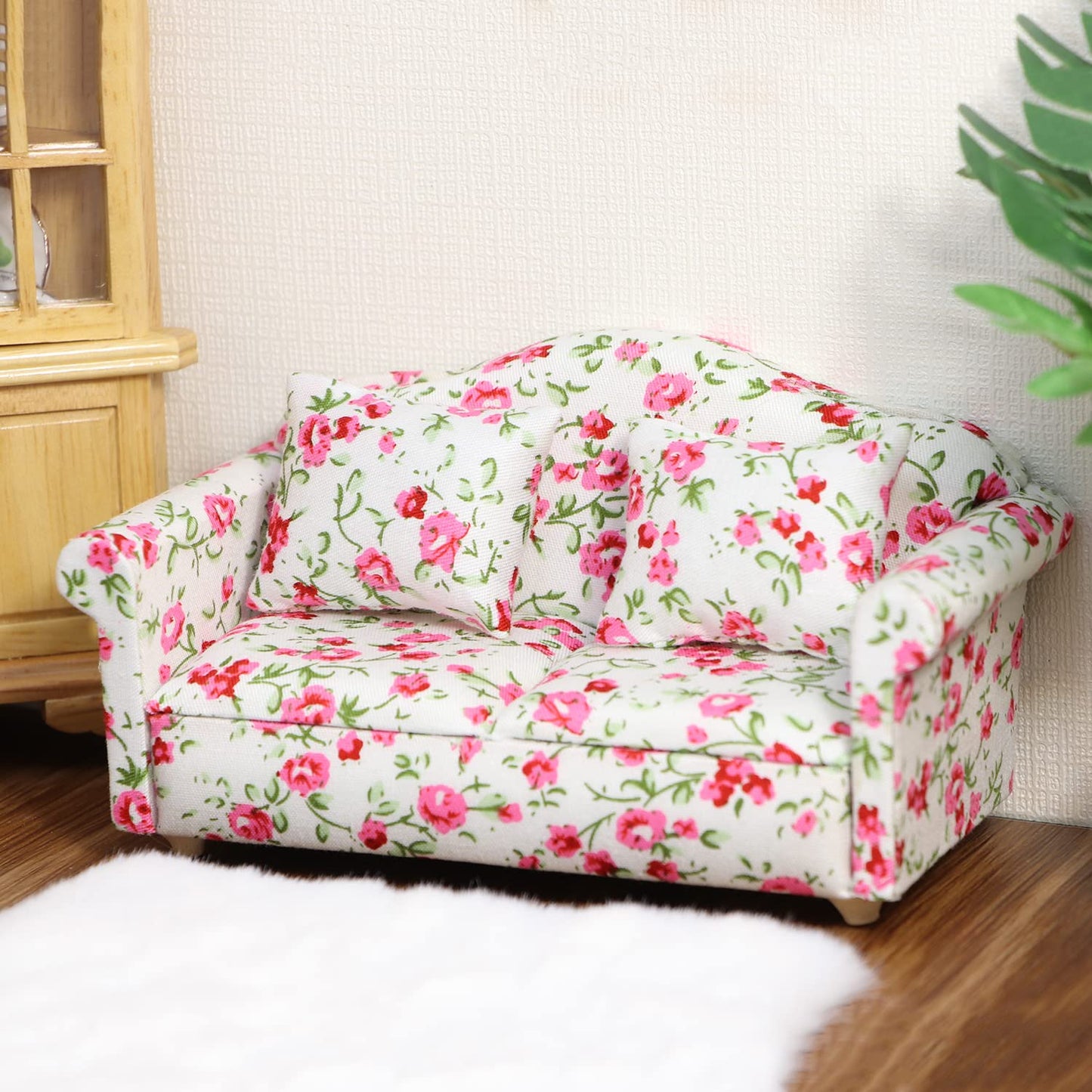 Dollhouse Couch Miniature Sofa With Pillows Dollhouse Living Room Funiture 1:12 Scale Model 3 Pcs High Simulation Upholstered Wo