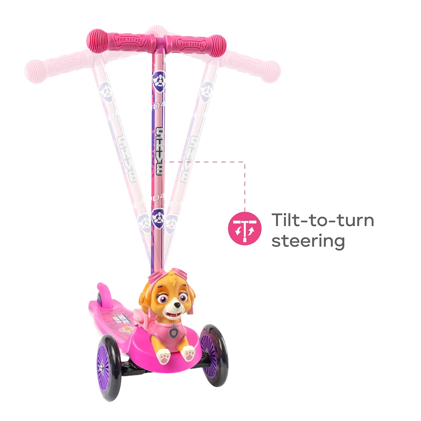 Paw Patrol Skye Kick Scooter For Kids, Self-Balancing 3 Wheeled Light Up Scooter With Extra Wide Anti-Slip Deck, Rear Brake, Lea