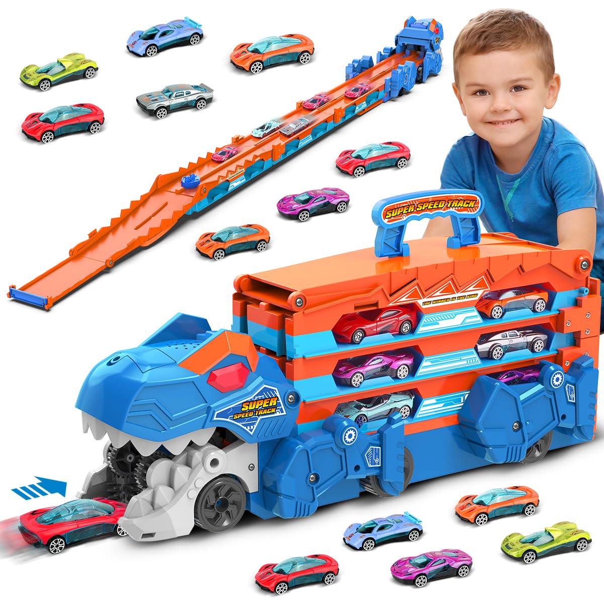 VATOS Toddler Truck Car Toy - Ejection Folding Dinosaur Track Car Toys, Portable Truck Car Toy with 8 Race Cars, Best Gift Toy C