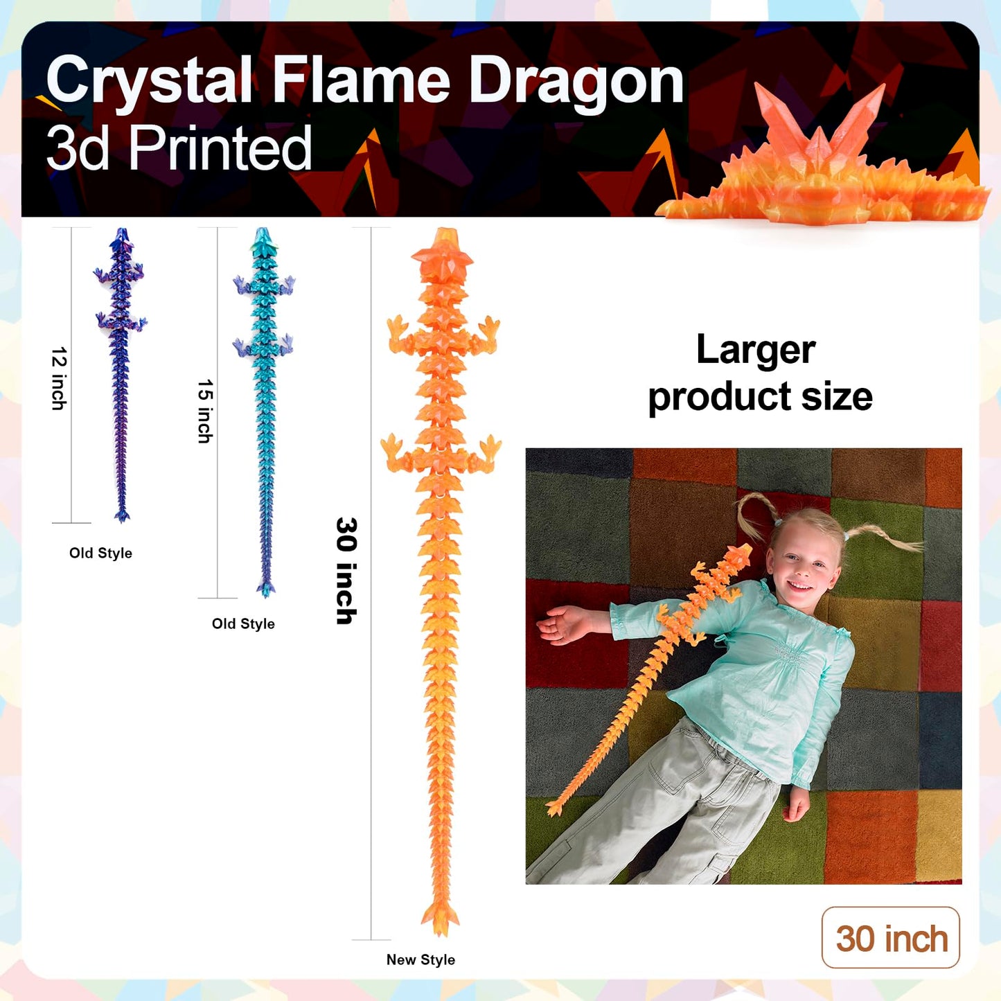 Rwsefk 30 In 3D Printed Dragon, 30Inch Dragon,3D Dragon Toy,Large Dragon Present,Ariculated Crystal Dragon (Flame Colour, 30Inch
