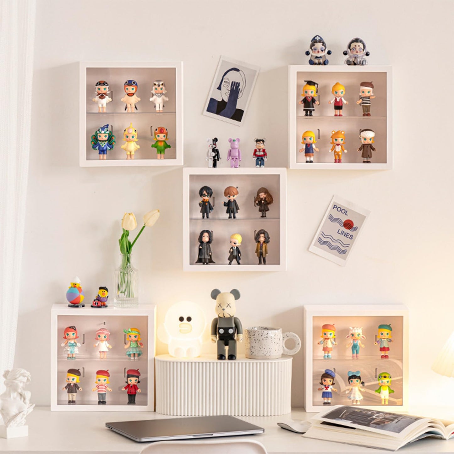 Clear Display Case For Figures, Square Wall-Mounted Doll Storage Box, Adjustable Display Stand With Door Dust And Moisture Proof Suitable For Lego Collectibles Action Figures Pop Mart (Green)