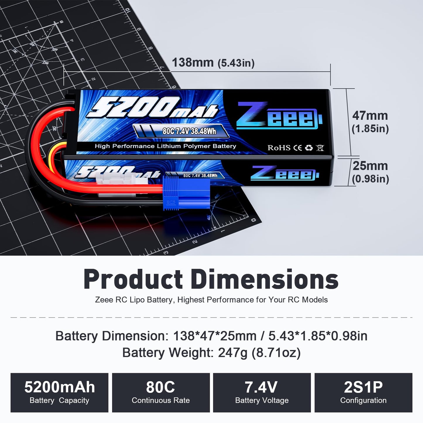 Zeee 2S Lipo Battery 7.4V 5200mAh 80C Hard Case Battery with EC5 Plug Compatible with 1/8 1/10 RC Vehicles Car Slash RC Buggy Tr