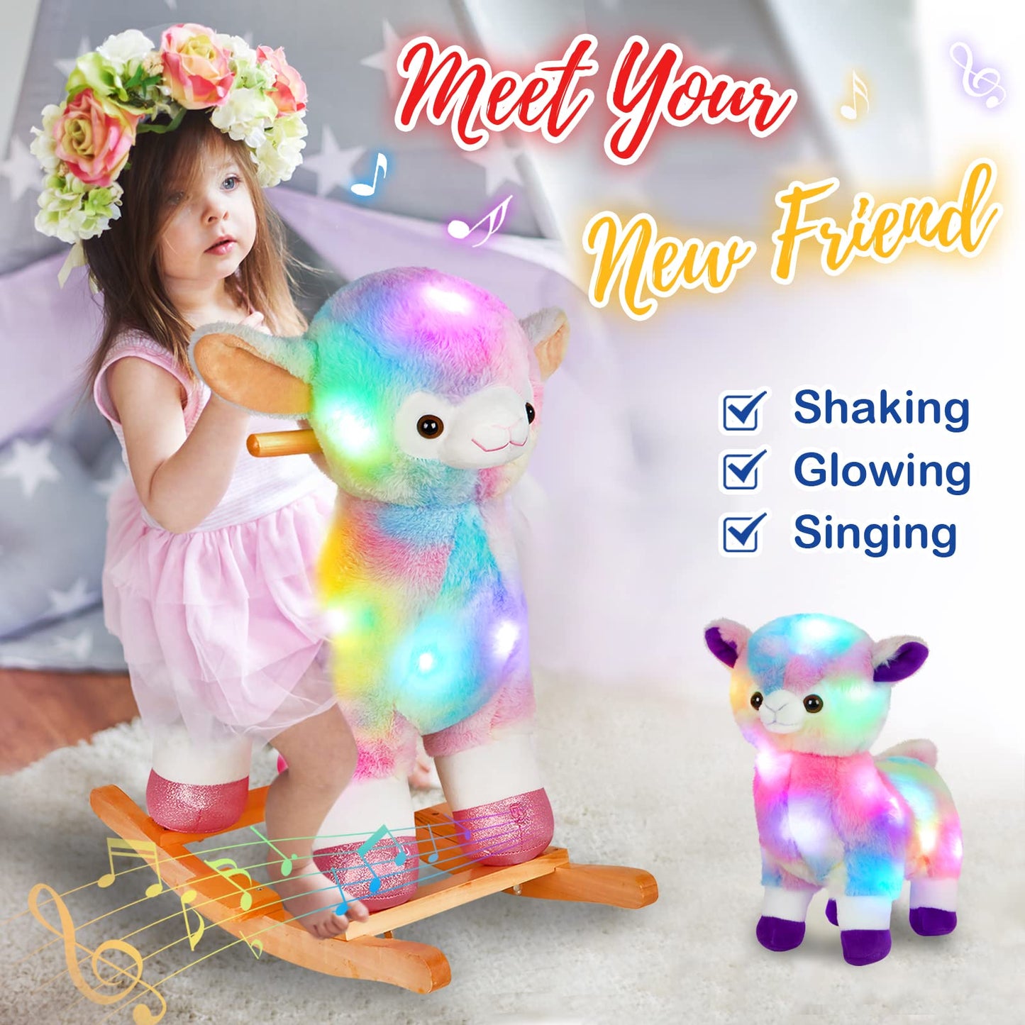 Light Up Musical Alpaca Baby Rocking Horse Set of 2 with Chair, Glowing Rainbow Llama Plush Stuffed Animal Rocker for Toddlers 1