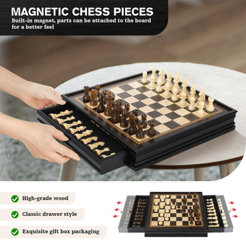 Peradix 12.8 Magnetic Chess Checkers Board Set - Ebony Wooden Game with 2 Built-in Drawers & Extra Queens for Kids & Adults