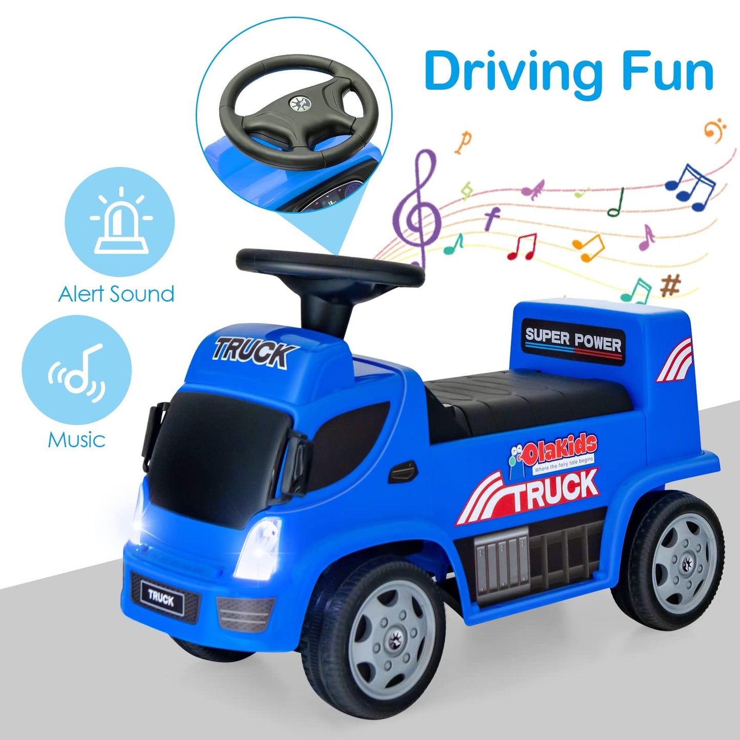 Olakids Kids Ride On Push Car, 2 In 1 Foot-To-Floor Sliding Truck With Detachable Trailer, Steering Wheel, Headlights, Music, Alarm Sound, Toy Walker Gift For Toddlers Age 1.5-3 Boys Girls (Blue)
