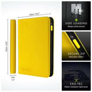 Vault X 9 Pocket Trading Card Zip Binder 360 Cards enhanced Exo-Tec Album Material 20 Side-Loading Pages Folder for Collectible Games Sports TCG (Yellow)